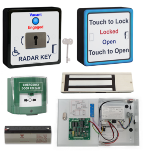 SQWCRADAR-KIT radar toilet door lock kit. Accessible Toilet Locking System. Disabled Toilet Locking System