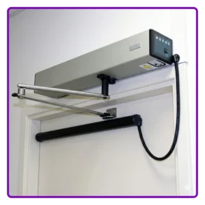 Swing drive operator door opening system.