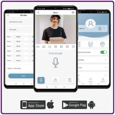Intercom system for business mobile app showing user management, video call access and remote door control features on smartphone devices