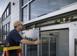 Technician performing automatic door maintenance on commercial sliding entrance
