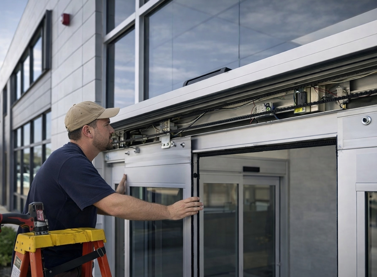 Technician performing automatic door maintenance on commercial sliding entrance