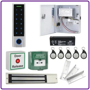 Fob access control system components including keypad reader, power supply, key fobs, door release button and magnetic lock