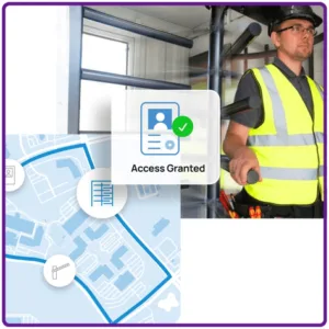 Fob access control system managing multi-door building security with user credentials and access permissions
