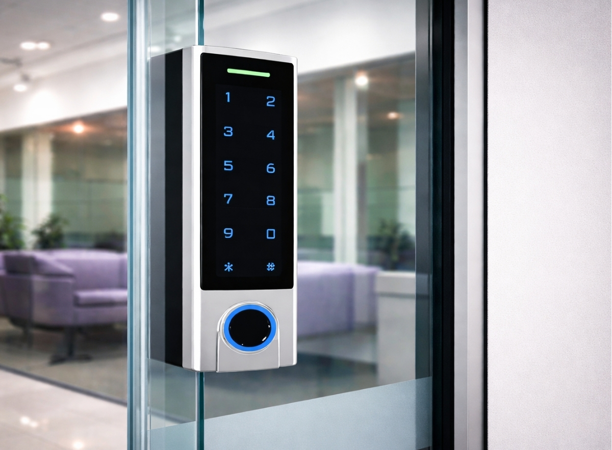 Fob access control system keypad installed on office for secure entry and user credential management