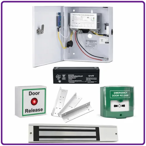 Intercom system for business components including power supply unit, door release button, emergency exit, magnetic lock and installation brackets