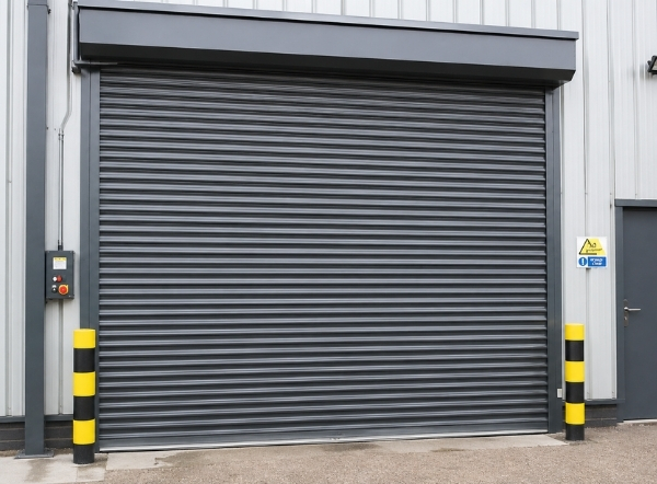 Industrial roller shutter door at warehouse entrance complying with roller shutter regulations UK for safe operation