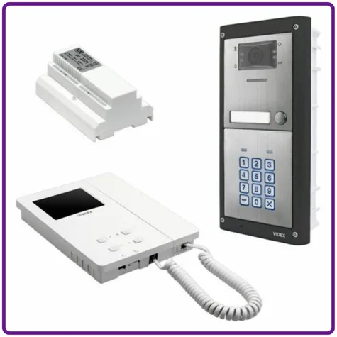 Videx intercoms for home system showing a video door entry panel with keypad, indoor monitor handset, and power supply unit on a clean white background.
