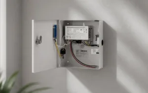 Open metal power supply cabinet mounted on a light grey wall with the door open, revealing internal wiring and electrical components. The unit is photographed in a clean, modern interior with soft natural lighting.