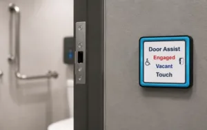 Accessible disabled toilet door lock system with Door Assist touch button, compliant accessible washroom entrance, automatic disabled toilet door control, accessibility compliance and disabled toilet door lock regulations in a commercial restroom.