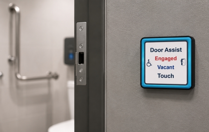 Accessible disabled toilet door lock system with Door Assist touch button, compliant accessible washroom entrance, automatic disabled toilet door control, accessibility compliance and disabled toilet door lock regulations in a commercial restroom.