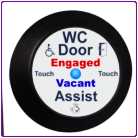 Disabled Toilet Door Lock Regulations: What the Rules Actually Say 1 Disabled toilet door lock regulations compliant WC Door Assist control button showing engaged and vacant status indicators, accessible toilet door locking system for disabled washrooms, automatic accessible restroom access control and occupancy indicator.