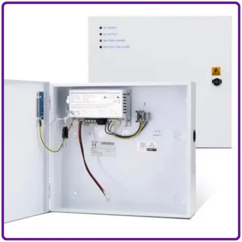 Access Control Power Supply: How to Choose the Right One for Your System 1 Open metal backup power supply cabinet with visible internal wiring and electrical components, shown alongside its closed enclosure on a white background. The image highlights a secure power supply unit commonly used for CCTV, access control, and security system installations.