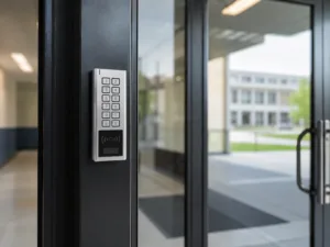 School access control system installed at a modern school entrance, featuring a secure keypad and contactless card reader mounted beside a glass door. The image shows a clean educational facility entry point designed for controlled access, visitor management, and school security.
