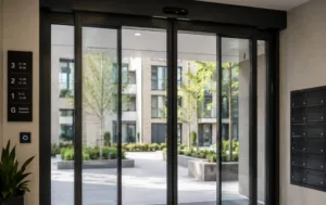 Modern access control door at a multi-tenant commercial building entrance
