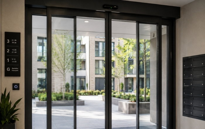Modern access control door at a multi-tenant commercial building entrance