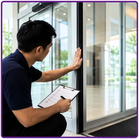 Safety Edge Troubleshooting: A Quick Checklist for Installers 2 Technician performing a functional test on an automatic sliding door safety edge by applying pressure along the full length of the rubber profile to verify stop and reverse functions during safety edge troubleshooting.