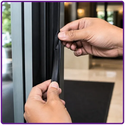 Safety Edge Troubleshooting: A Quick Checklist for Installers 1 Technician inspecting the rubber profile of an automatic sliding door safety edge for cuts, compression, deformation, splits, and tears during a safety edge troubleshooting inspection.